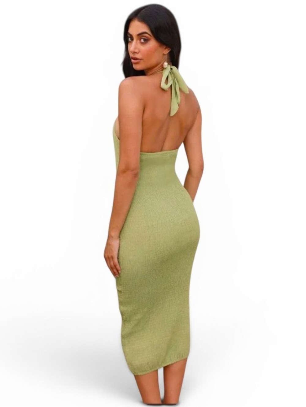 NWT HELLO MOLLY On Vacay Mode Green Crinkle Bodycon Halter Dress - Small